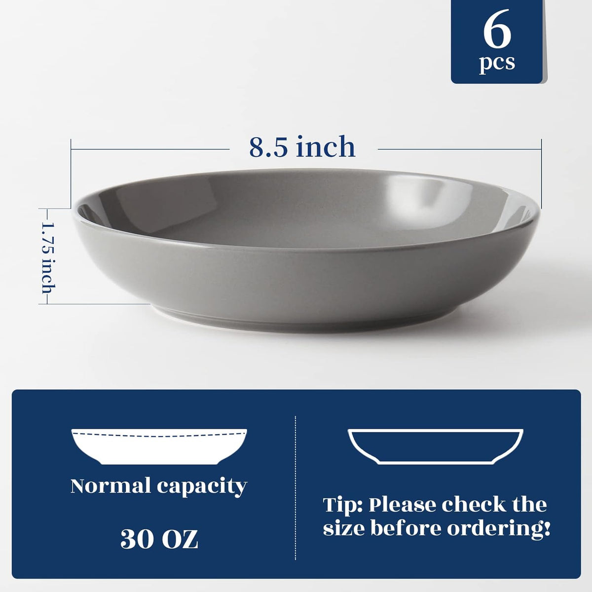 Y YHY 8.5'' Pasta Bowls Set of 6, 30oz Large Salad Serving Bowls for Kitchen, Porcelain Wide Shallow Soup Bowl Plates for Dinner, Microwave Dishwasher Safe, Matte Gray
