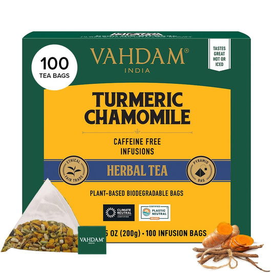 VAHDAM, Turmeric Chamomile Tea Bags (100 Herbal Tea Bags) Caffeine Free,100% Pure Herbal Tisane - Warm, Earthy & Floral | Infused With Chamomile Flowers | Resealable Ziplock Pouch