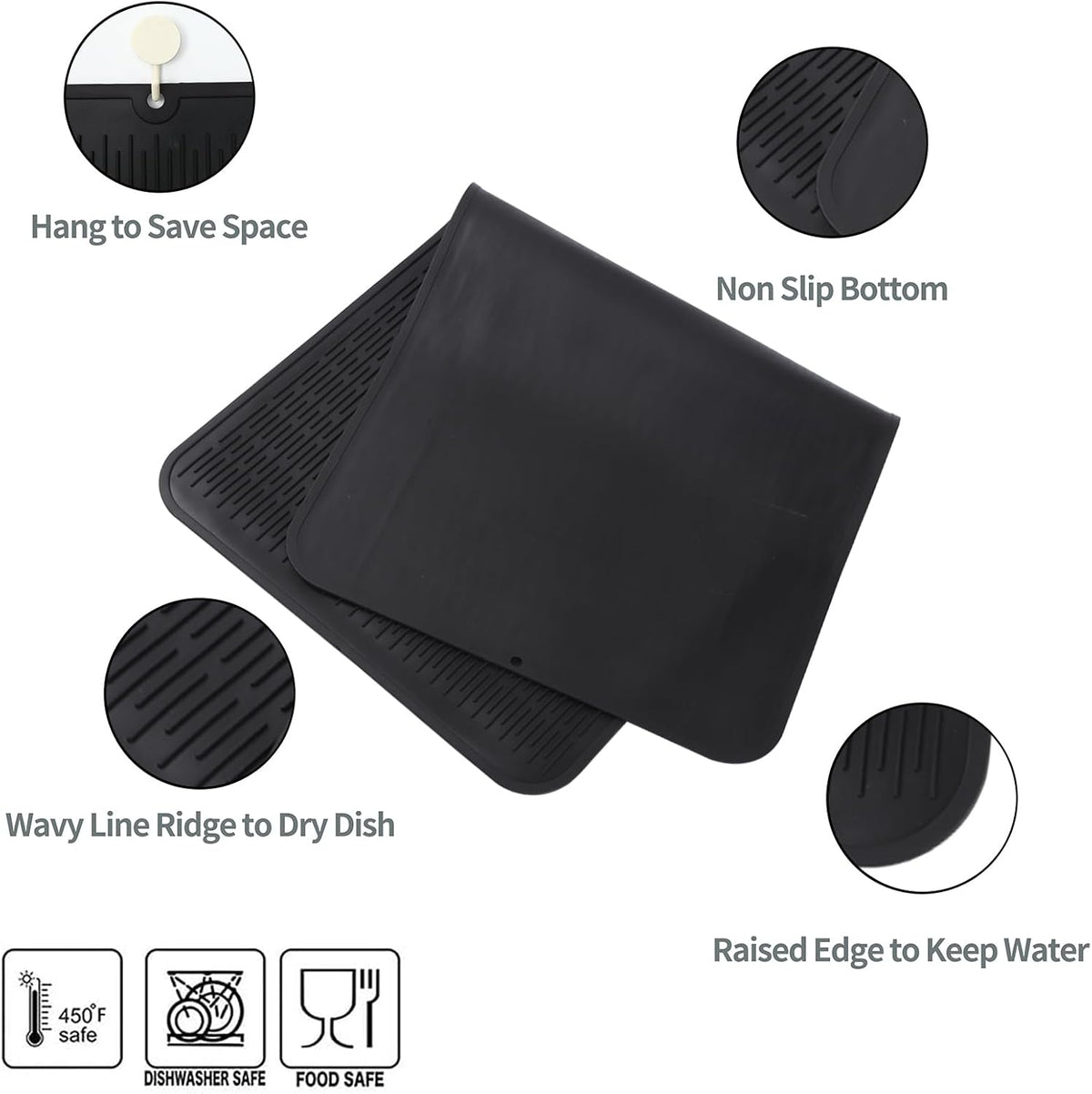 Silicone Dish Drying Mat for Multiple Usage,Easy clean,Eco-friendly,Heat-resistant Silicone Mat for Kitchen Counter or Sink,Refrigerator or Drawer Liner Black 5XL 36inches x 18inches