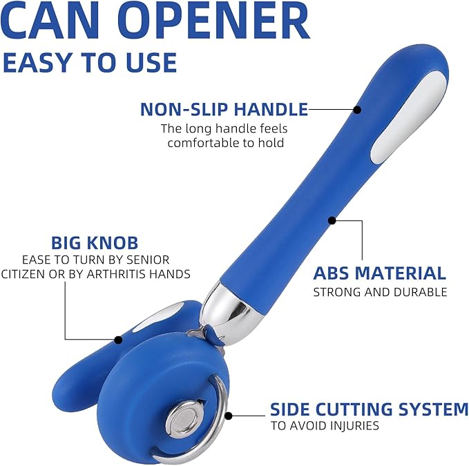 Can Opener Manual Tin Opener Stainless Steel Heavy Duty, Oversized Hand-held Easy Rotary Knob, Safe Cut Manual Can Opener with Non-Slip Handle, Smoother Cut Sharp Blade for Seniors Kitchen Tool, Blue