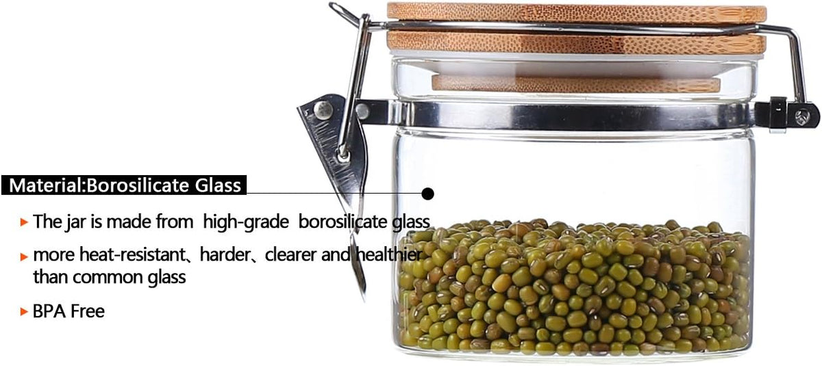 KKC HOME ACCENTS Clear Borosilicate Glass Storage Jars with Airtight Locking Clamp Lids,Glass Jar Canisters,Sealed Glass Jars with Bamboo Lid,Air tight Brown Sugar Salt Container,15 Fluid-oz