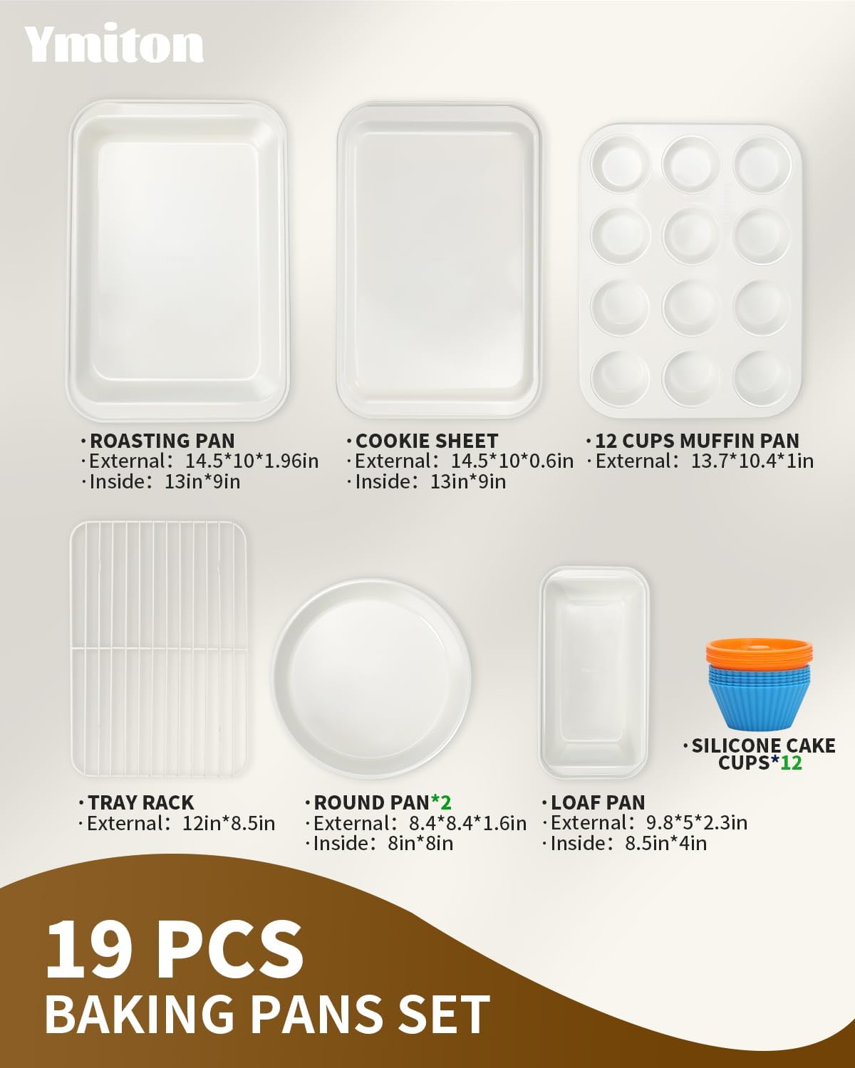 Nonstick Baking Pans Set, 19 PCS Stackable Bakeware Sets, Oven Pan Set Includes Baking Tray, Cookie Sheet, Cake Pans, Loaf Pan, Muffin Pan, Silicone Cups