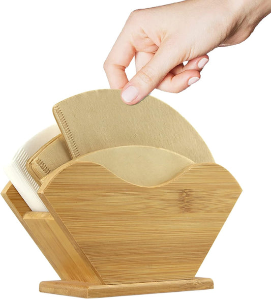 Unibene Bamboo Coffee Filter Holder, Renewable Stand Container Dispenser Rack Shelf for Square Cone-shaped and Flat-bottomed Pour Over Paper Filters