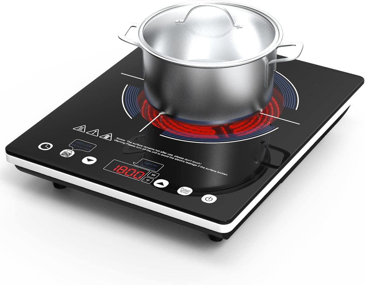 Electric Cooktop 110v,Single Burner Electric Stove Infrared Cooktop Hot Plate 1800W,4-Hour Setting,Black Crystal Glass Surface Compatible for All Cookware