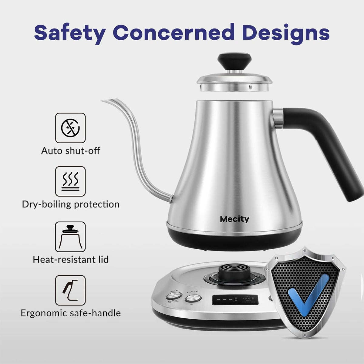 Mecity Electric Gooseneck Kettle With LCD Display Automatic Shut Off Retro Coffee Kettle Temperature Control Hot Water Boiler to Pour Over Tea, 1200 Watt Quick Heating Tea Pot, 0.8L, Stainless Steel
