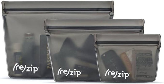 (re) zip 3-Piece Stand-Up Reusable Bag Kit | BPA-Free, Food Grade, Leakproof, Travel Friendly, Freezer and Dishwasher Safe | Quart (1), 2-Cup (1), Snack Size (1) | Solid Gray