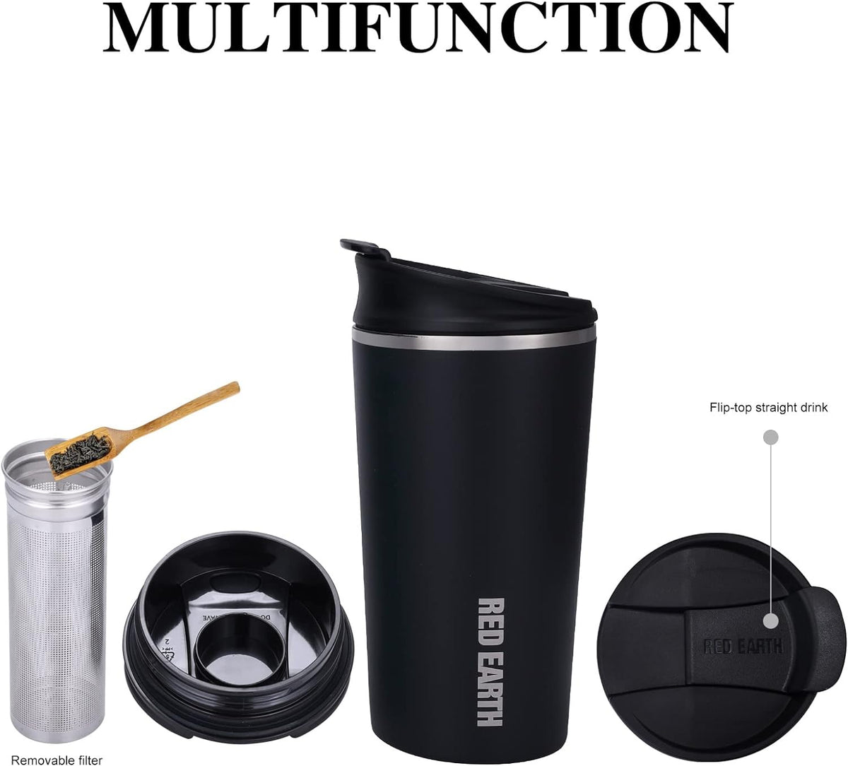 GiNT 17oz Travel Mug with Infuser and Two Lids. Vacuum Insulated 316 Stainless Steel Coffee Mug. Dishwasher Safe Mug with Tea Strainer for Hot and Cold Brew Coffee or Tea(Black)