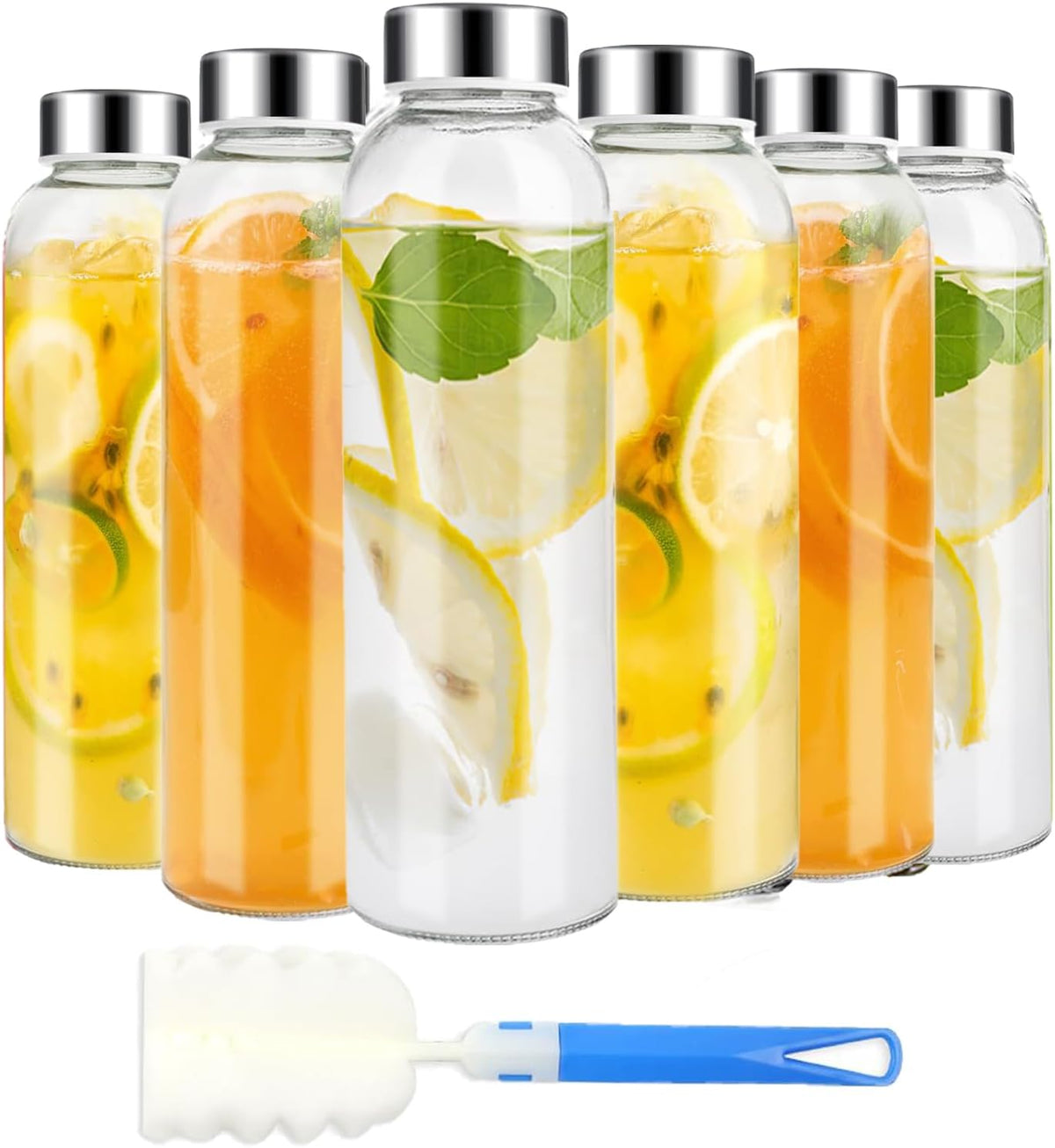 Clear Glass Bottles with Lids 6pcs Set 18oz,Reusable Glass Water Bottle with Stainless Steel Cap, 100% Leak Proof,Can be Used for Fruit Juice, Tea, Water, etc