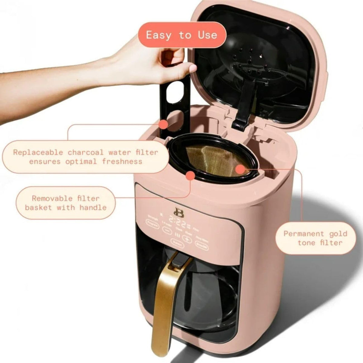 Beautiful Coffee Maker, 14-Cup, Touch Display, Programmable, 1200W, Stainless Steel, Keep Warm, 24h Timer dishwasher-safe (Rose)