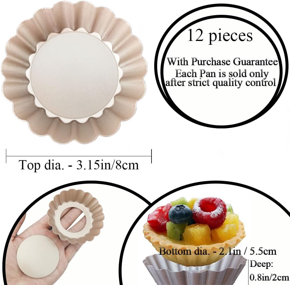DATANYA Mini Tart Pans Removable Bottom 3 Inch, Carbon Steel Nonstick Quiche Pan Pie Tart Tin Mold, 0.8inches High for Baking Tartlets, Pies, Cakes, Cupcakes - Premium Champagne Gold 12PCS