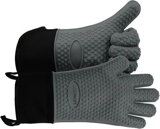 GEEKHOM BBQ Gloves Heat Resistant Oven Mitts - Silicone Grilling Gloves with 14" Long Arm Protection - Waterproof Pot Holder Non-Slip for Men & Women, Kitchen Cooking, Baking, Camping, Gray