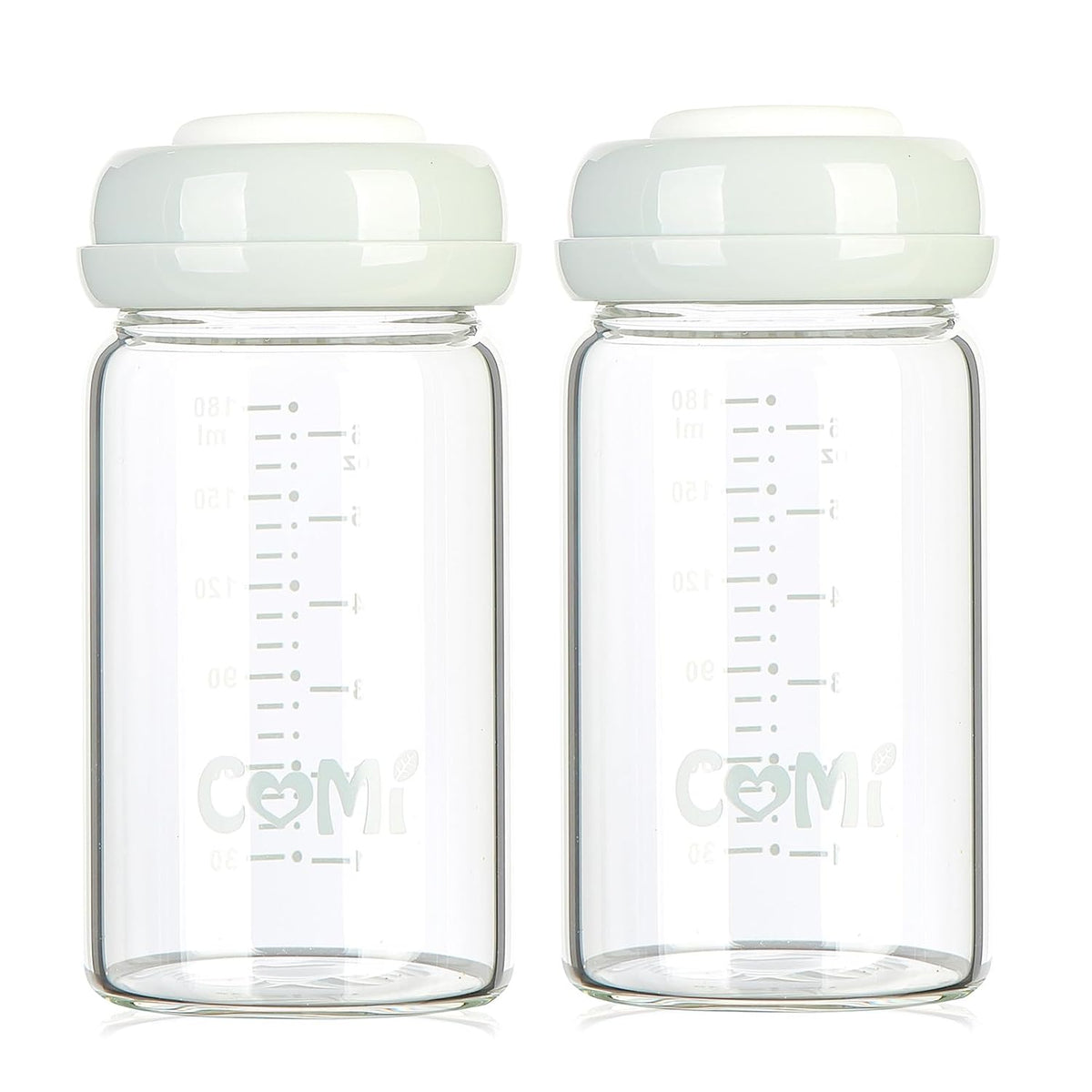 COMI Wide Neck Glass Breastmilk Collection n Storage Bottle, 6oz with Screw Ring Sealing Disk; Re-markable Sealing Disc. BPA Free, Fits Breast Pumps & Nipples (2 Pack Gray Lids)