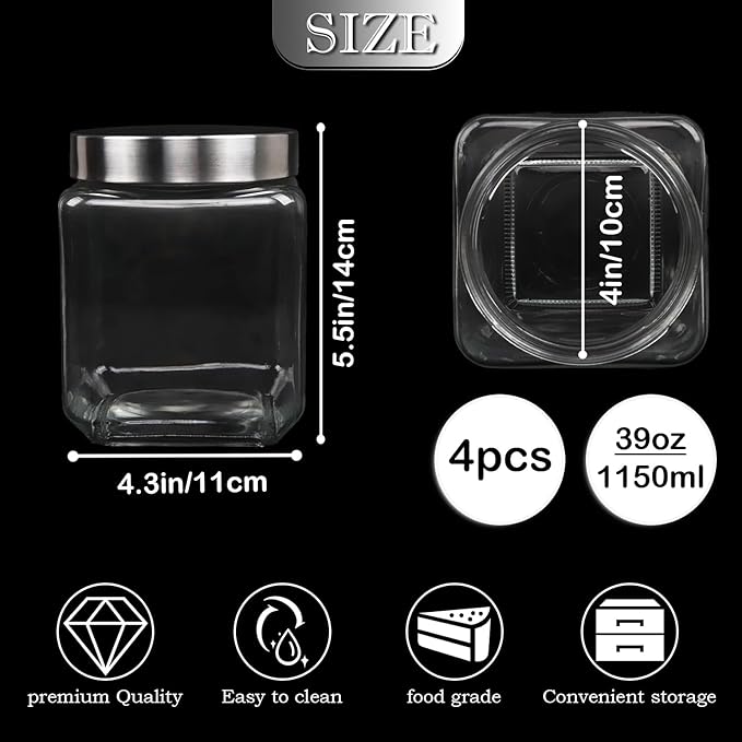 Square Glass Jars,4 Pack Food Storage Containers Glass Jars with Metal Lids 37 Oz Glass Jars Airtight Glass Canisters Kitchen Storage Jars ,Glass Canisters for Coffee, Spices Storage Jars Airtight Squ
