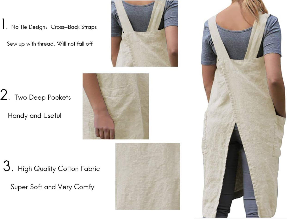 Women's Pinafore Square Apron Baking Cooking Gardening Works Cross Back Cotton/Linen Blend Dress with 2 Pockets