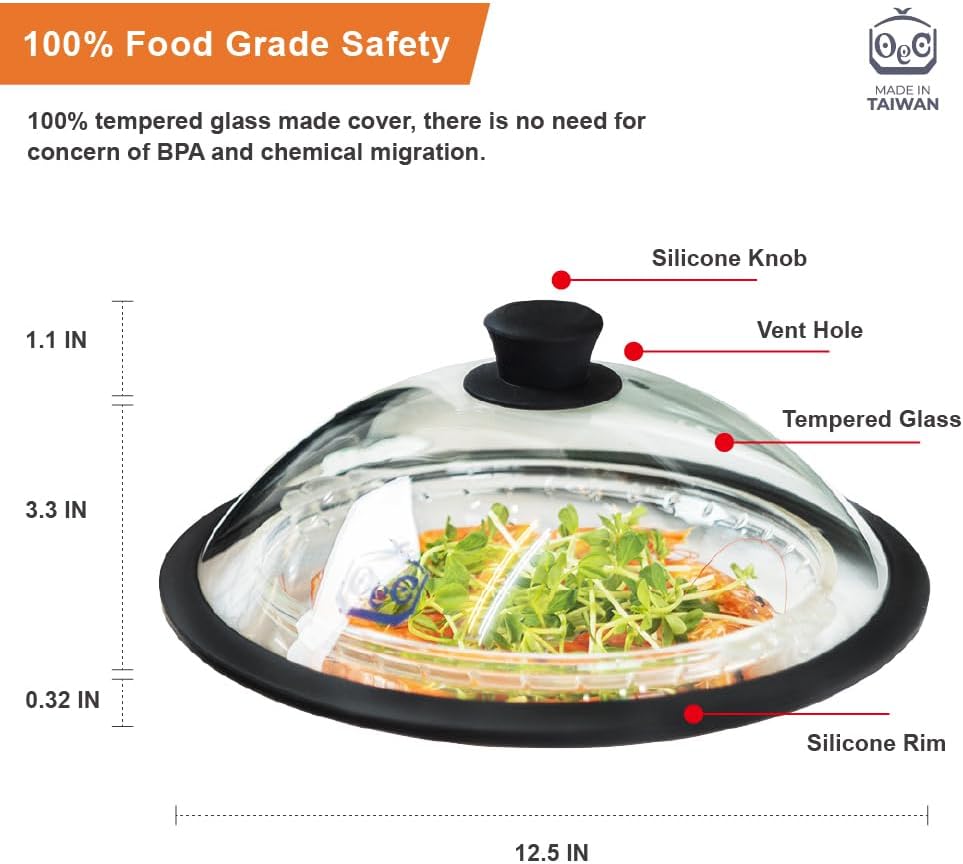 OEC Vented Splatter Guard Microwave Glass Cover with Easy-Grip Handle - 100% Food Grade Tempered Glass & BPA Free Silicone Rim. Compatible with Plates, Dishwasher Safe - 12.5” Diameter – Black