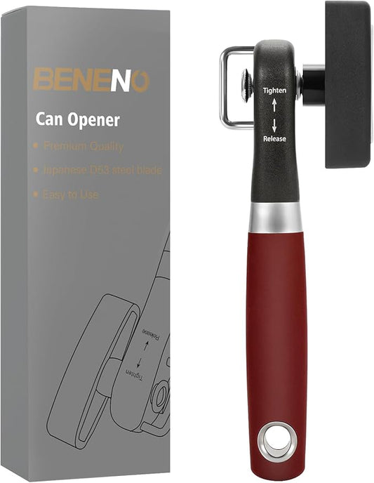 Beneno Can Opener, Manual Side Safe Cut Can Opener Smooth Edge with Durable Sharp Blade, Effort-Saving Knob & Comfortable Non-slip Handle, Red
