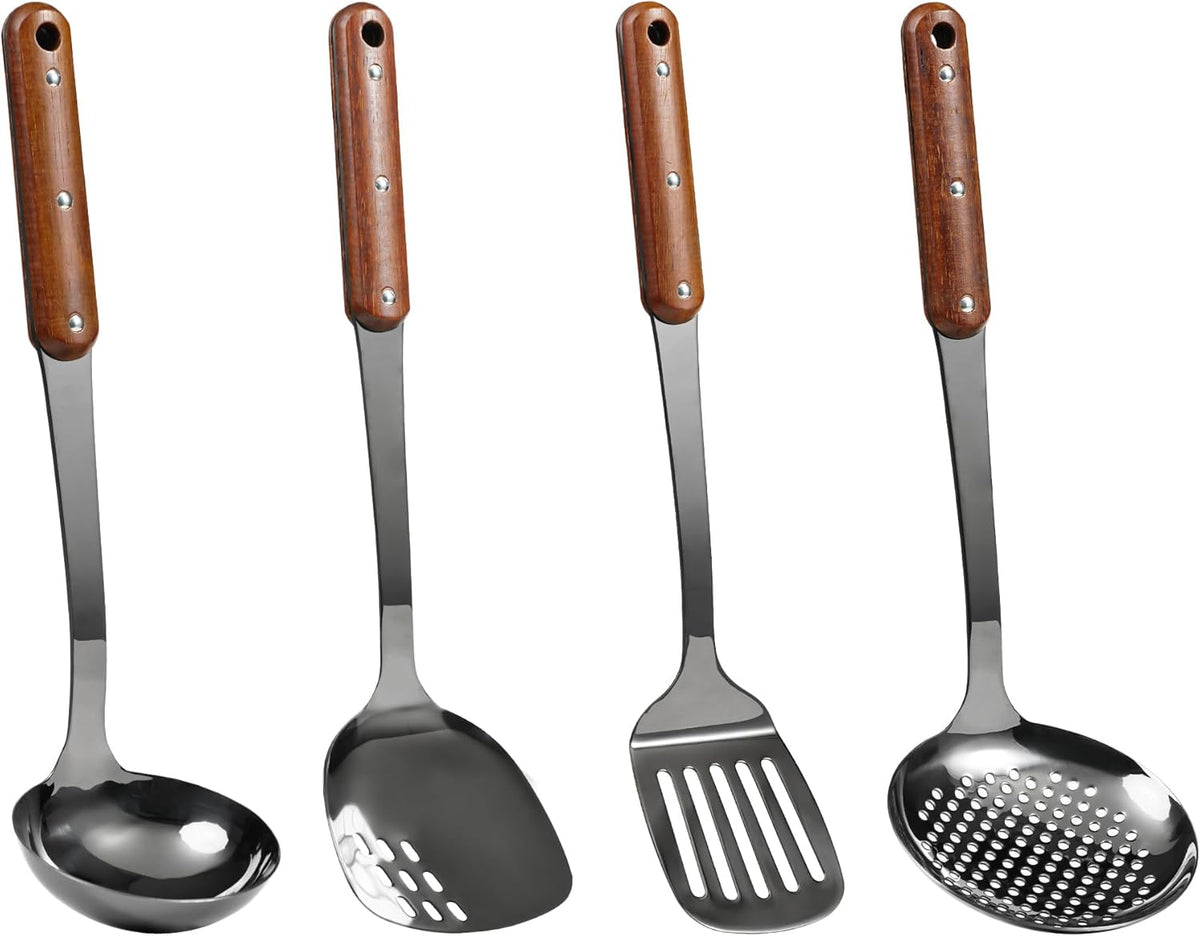 FJNATINH Stainless Steel Wok Spatula,Slotted Spatulas,Ladle,Skimmer Ladle Tool Set,Mirror Polished Cooking Utensils Kitchen Cookware, Pack of 4,Black