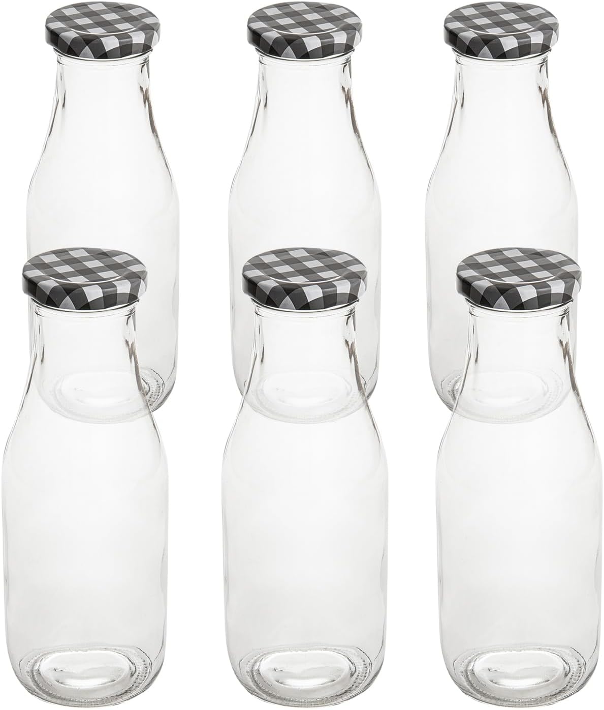 Restaurantware French Countryside 15 Ounce Glass Bottles 10 Durable Juice Bottles - With Black Plaid Lid Dishwashable Clear Glass Countryside Bottles For Hot And Cold Beverages