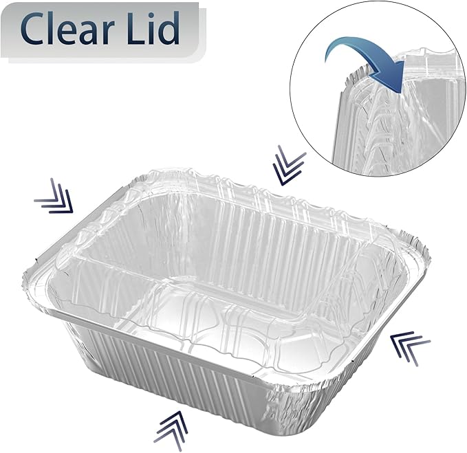 100 Pack 2 lb Rectangular Disposable Aluminum Foil Pan 32 oz Take Out Food Containers with Clear Plastic Dome Lids, for Catering, Baking, Roasting Food