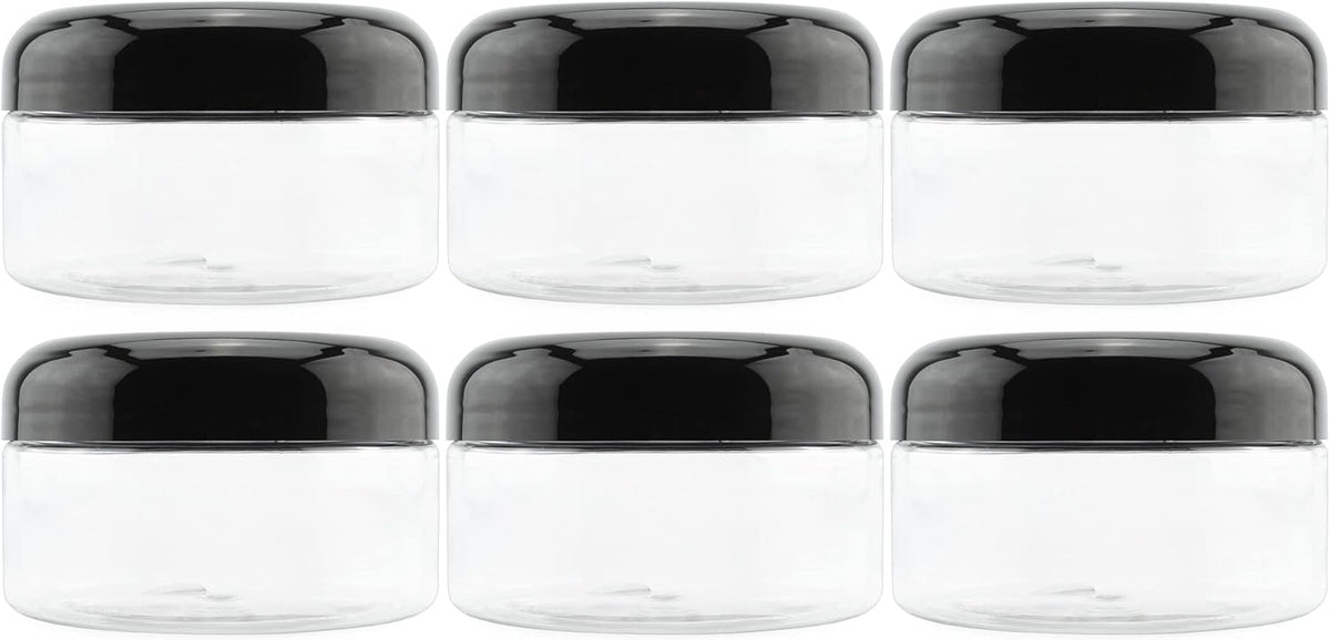 Cornucopia Brands 8oz Clear Plastic Jars w/Black Plastic Lids (6-Pack); BPA Free PET Stackable Containers for Bathroom & Kitchen Storage & Cosmetics