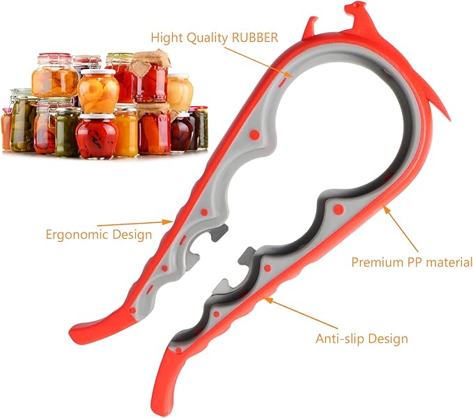 6 in 1 Lid Opener - Bottle, Jar, & Can Opener for Seniors with Arthritis or Weak Hands - Heavy Duty & Smooth Edge, Red