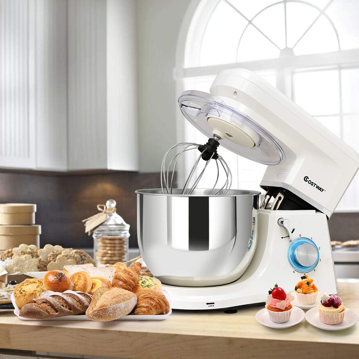 COSTWAY Stand Mixer, 7.5-Quart 660W 6-Speed Electric Mixer with Stainless Steel Bowl, Tilt-head Food Mixer with Dough Hook, Beater, Whisk (White)