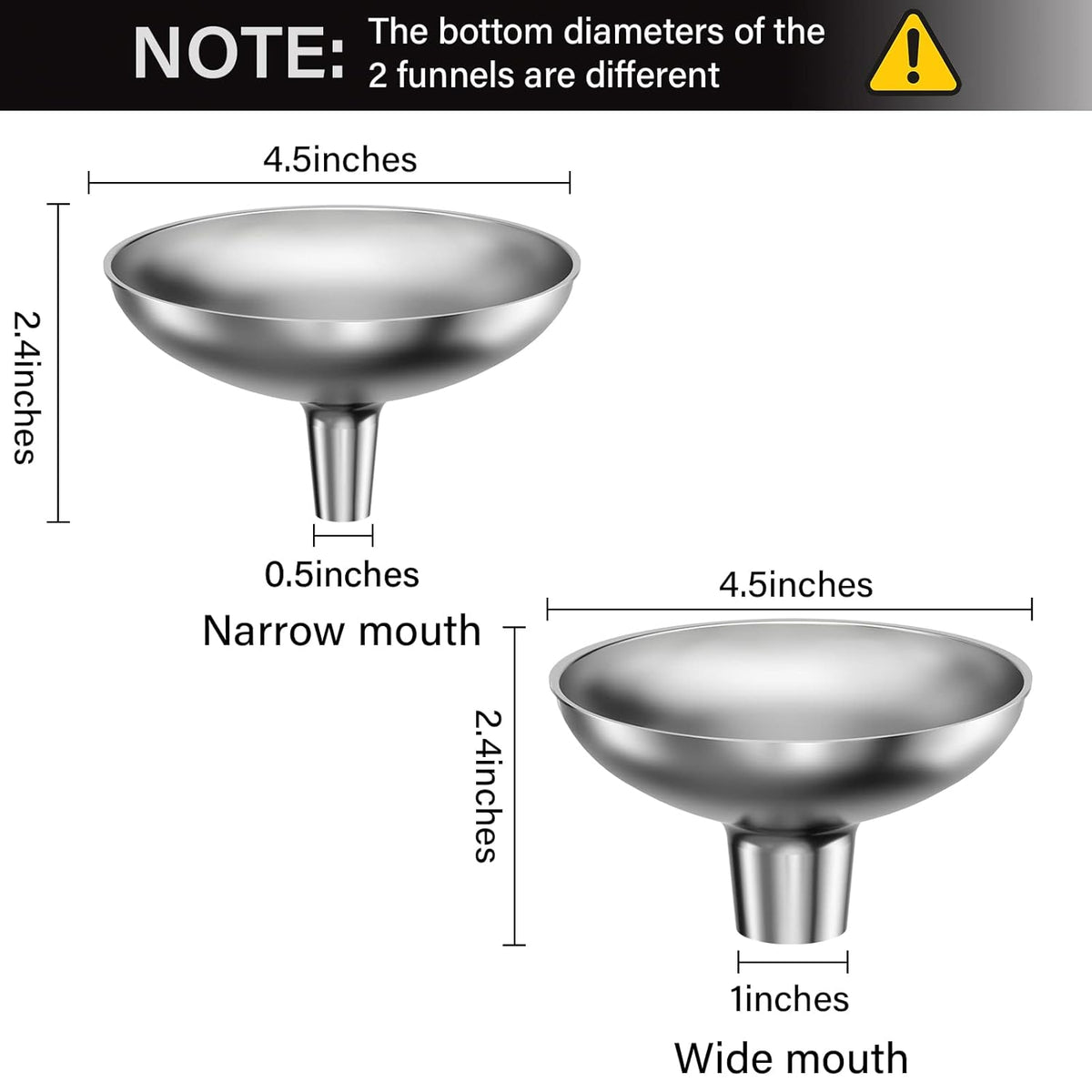 Stainless Steel Funnel, 2 Large and Small Mouth Filling Kitchen funnels, Liquids, fluids, Spices and Powders, Durable and Washable.