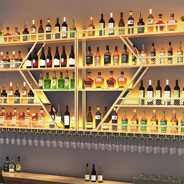 79in Metal Wine Rack Wall Mounted, Modern Wine Storage Rack Wall Mounted with Wine Glass Holder, Liquor Shelf, Bar Shelves for Liquor Bottles (4 Tiers Gold, 79 * 7.87 * 48.5INCH)