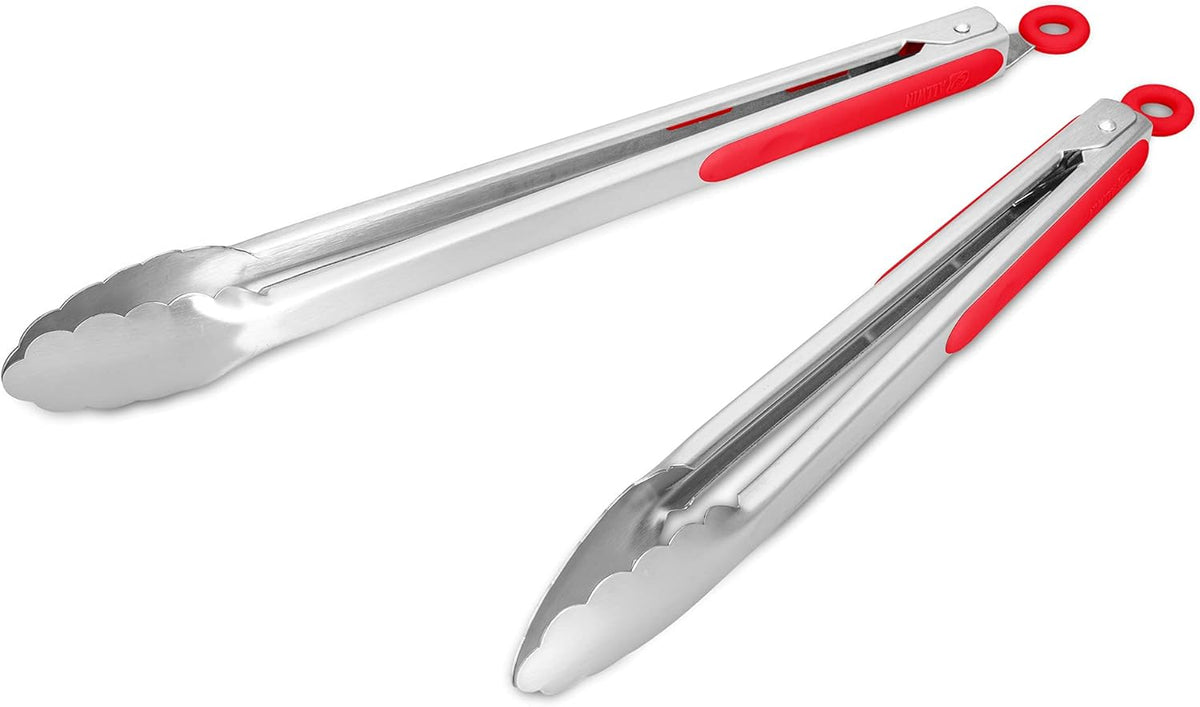 304 Stainless Steel Kitchen Cooking Tongs, 12" and 14" Set of 2 Sturdy Grilling Barbeque Brushed Locking Food Tongs with Ergonomic Grip, Red