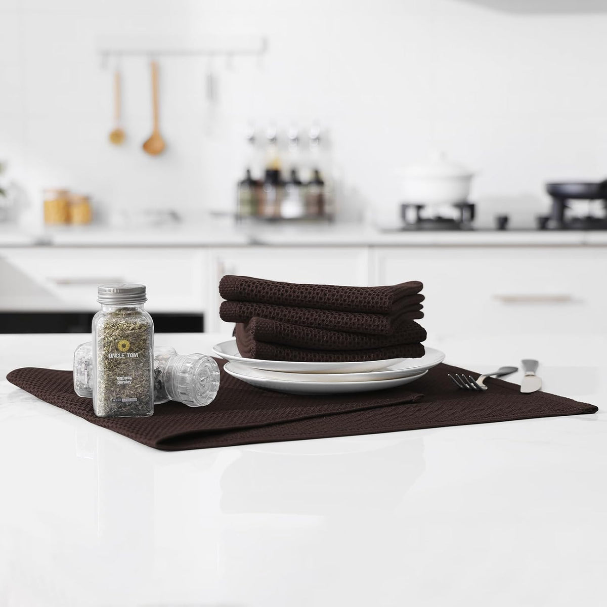 Kitinjoy 100% Cotton Waffle Weave Kitchen Towels, 12-Pack Super Soft and Absorbent Dish Towels for Drying Dishes, Kitchen Hand Towels, 13 in x 28 in, Dark Brown