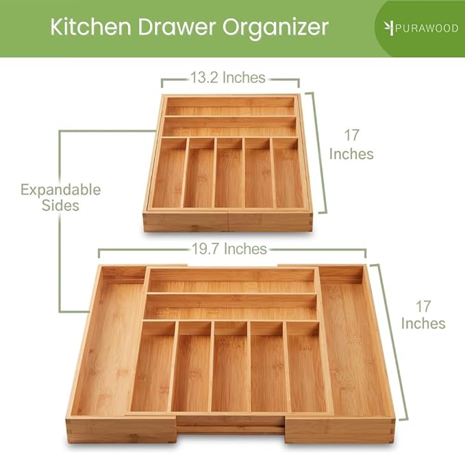 Purawood Bamboo Drawer Organizer - Expandable Silverware Organizer & Utensil Drawer Organizer, Cutlery Tray with Dividers, 7-9 Slots- Kitchen Organizer for Utensils & Flatware (Natural)