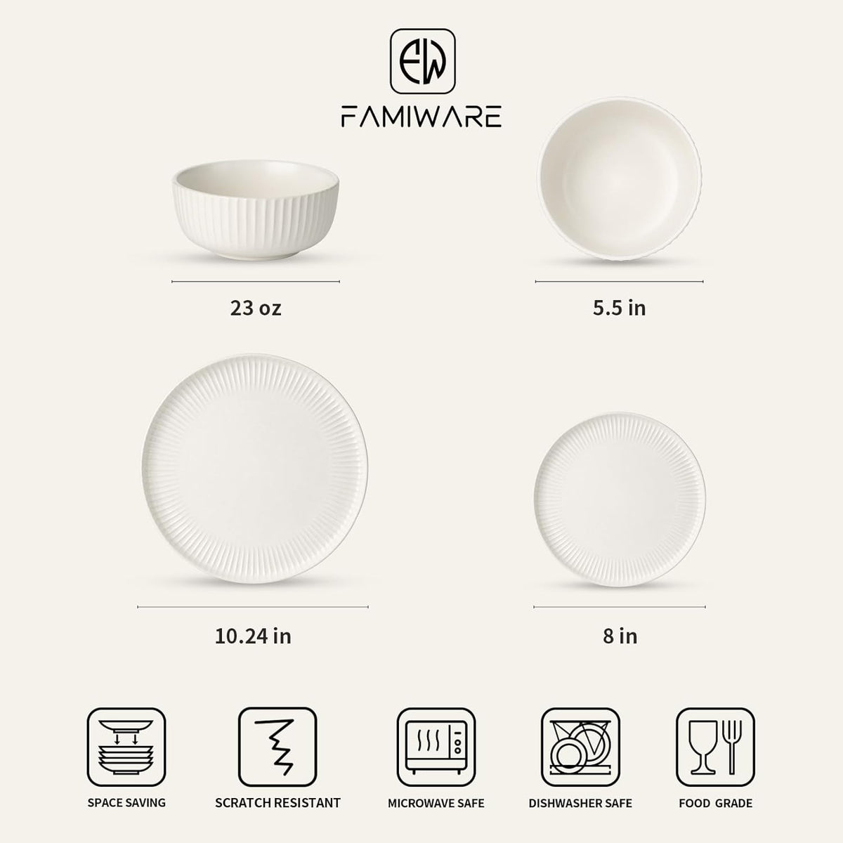 Famiware Starlight Dinnerware Sets, Plates and Bowls Dish Set of 8 (24 Pieces), Ribbed Textured Tableware - Dishwasher & Microwave Safe, Chip Resistant, Reactive Glaze, Matte Reactive White