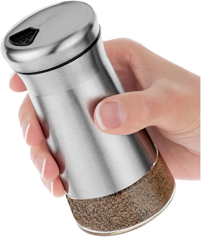 Pepper Shaker or Salt Shaker with Adjustable Pour Holes - Elegant Stainless Steel Spice Dispenser - Perfect for Himalayan, Table Salt, White and Black Pepper (Pepper Shaker)