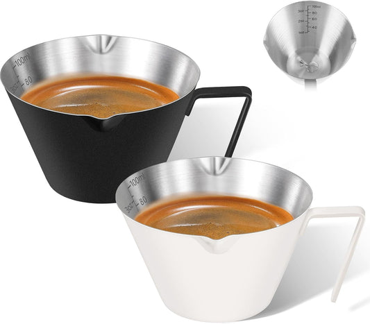 2Pcs Stainless Steel Espresso Cup, Double Spout Metal Espresso Measuring Cup with Handle, 3.4oz/100ml V-Shaped Mouth with Dual Scale (Black+White)