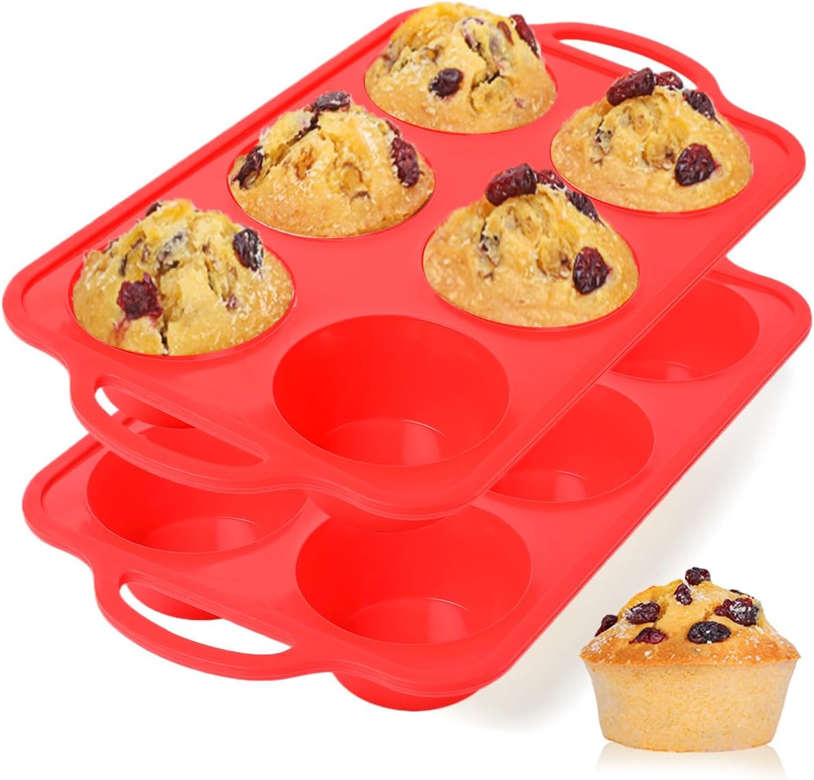 Jumbo Muffin Pan, 3.5 Inch Large Muffin Pan with Metal Reinforced Frame 6 Cup Silicone Jumbo Cupcake Pans for Baking Easy to Handle 2 Pack Red