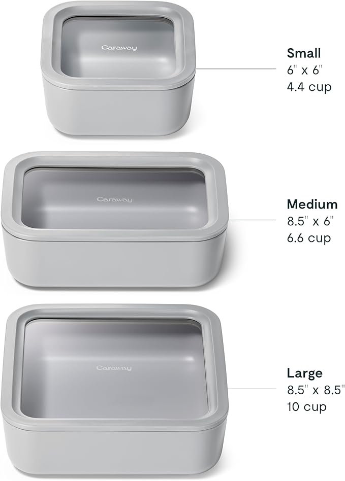 Caraway 3pc Glass Food Storage Set - 10, 6.6, & 4.4 Cup Containers - Ceramic Coated - Non-Toxic Non-Stick Lunch Box With Glass Lids - Dishwasher, Oven, & Microwave Safe - Gray