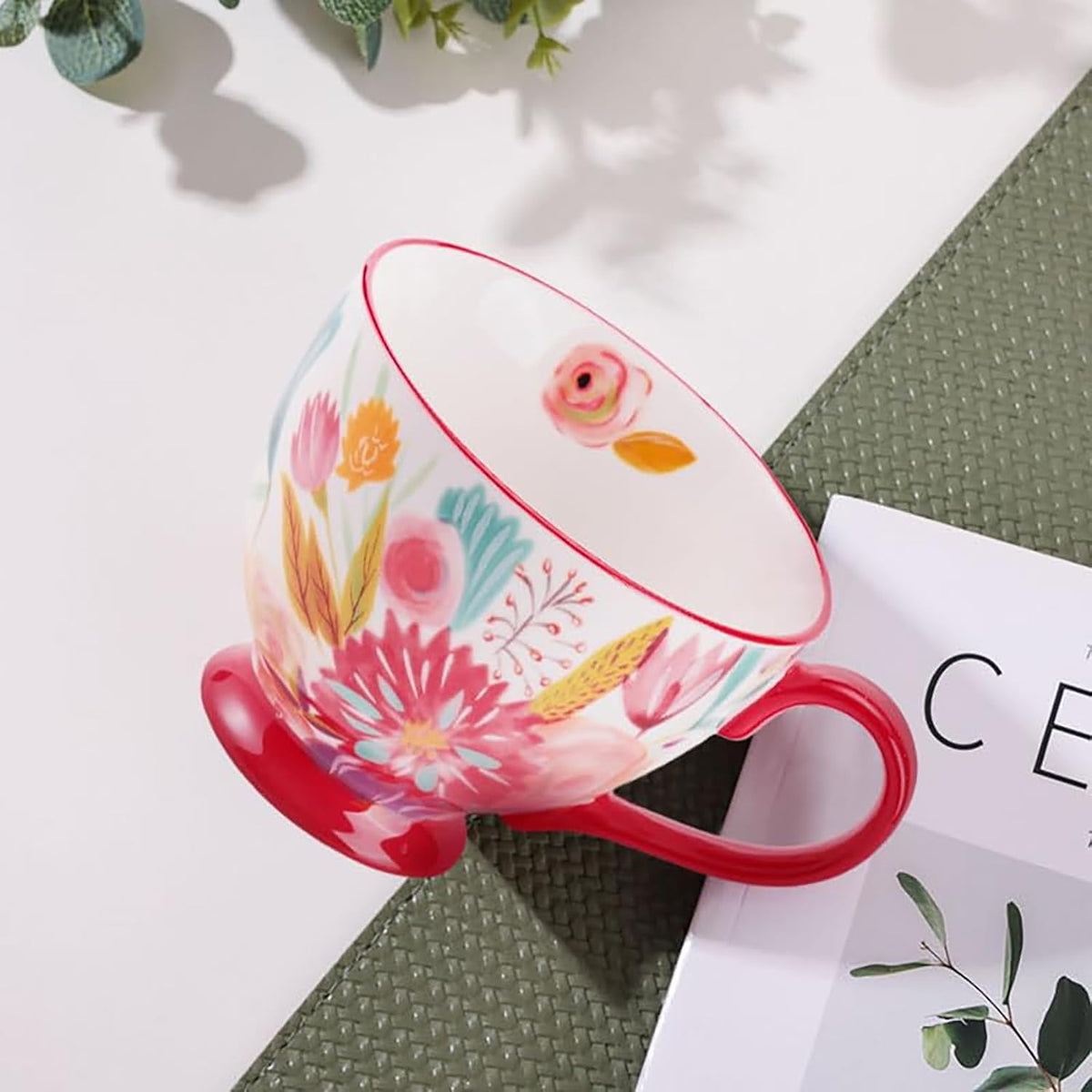 Vintage Flower Mugs – Large Ceramic Coffee Mug (15oz) – Cute Cereal Cup for Breakfast, Oatmeal Tea & Hot Drinks – Handmade Ceramic Cup with Floral Design