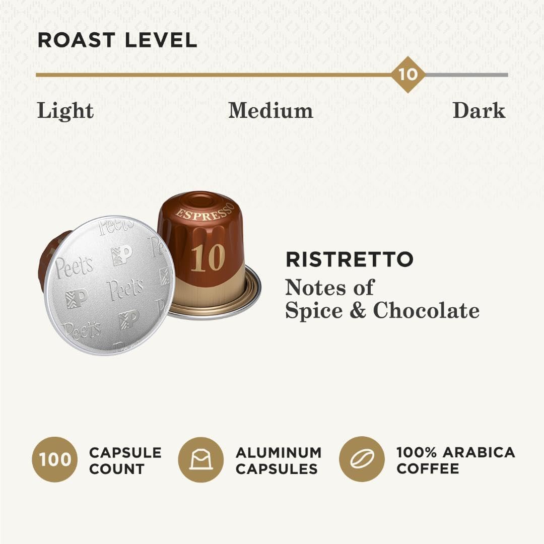 Peet's Coffee, Dark Roast Espresso Capsules, Compatible with Nespresso Original Machine - Ristretto Intensity 10, 100 Count (10 Boxes of 10 Espresso Capsules)