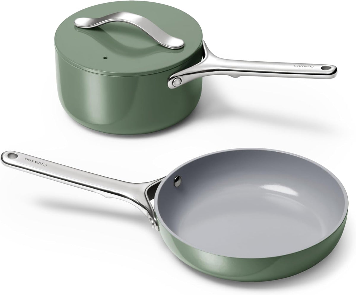 Caraway Mini Cookware Set - Non-Stick Ceramic Fry Pan (1.05 qt, 8") Sauce Pan (1.75 qt) & Storage Rack - Non Toxic, PTFE & PFOA Free - Oven Safe & Stovetop Agnostic (Gas, Electric & Induction) - Sage