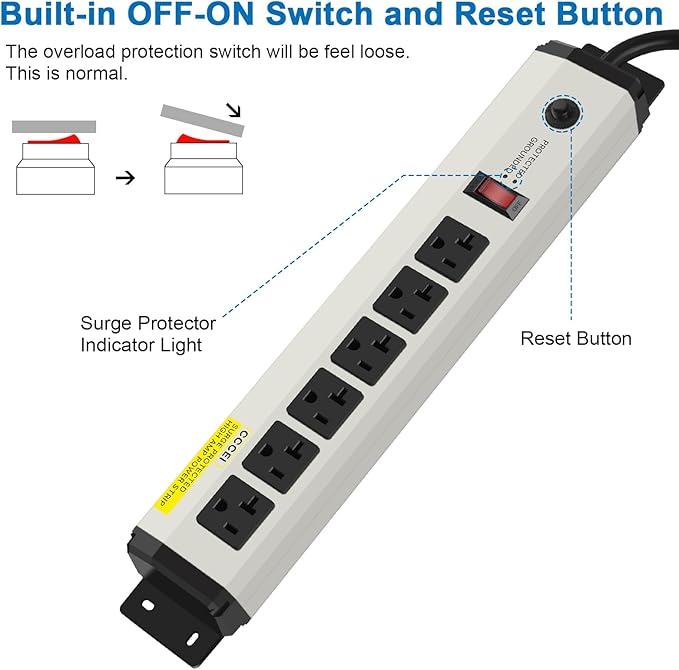 CCCEI 12 Gauge Heavy Duty Power Strip Surge Protector 4800J, 20 Amp 6 Plug Industrial Shop Garage Metal Multiple Outlets, 4 FT Extension Cord 5-15P Adapter High Amp 6-20R T-Slot 20a for Appliance.