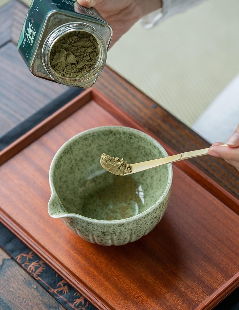 TANG PIN Matcha Set - Match Bowl with Spout and Whisk, 15 OZ, Matcha Scoop | Matcha Whisk Stand (Chasen Holder) - 4pc Perfect Matcha Kit for Matcha Tea Ceremony (Mottled Green)