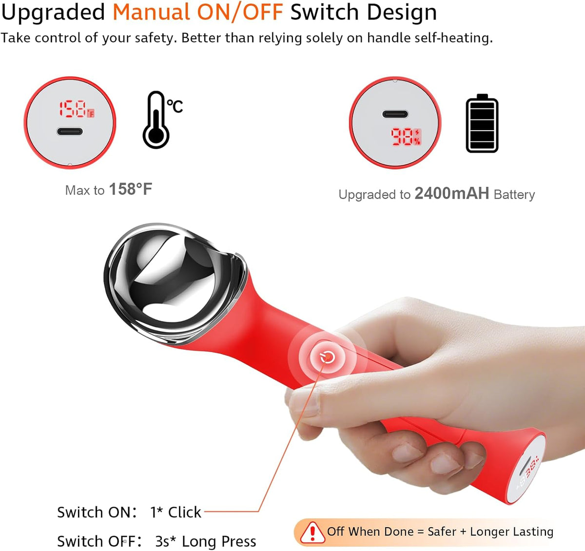 Heated Ice Cream Scoop with Holder(Newest Gen 3.0): USB Rechargeable Electric Icecream Scooper with Manual On/Off Switch,2025 Kitchen Gadgets for Hard Ice Cream, Waterproof IP67,Max to 158℉