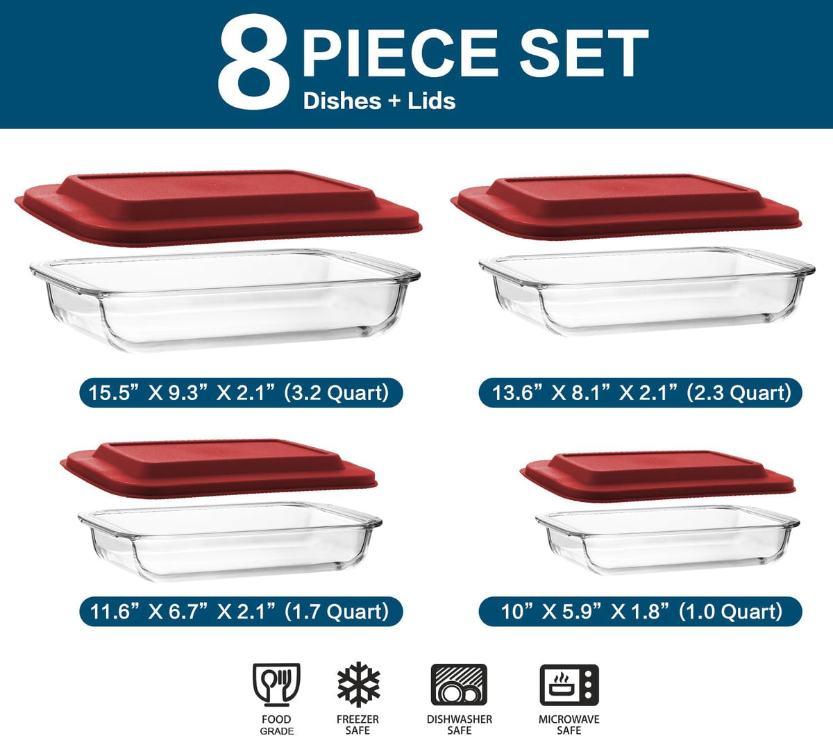 8-Piece Deep Glass Baking Dish Set with Plastic lids,Rectangular Glass Bakeware Set with Lids, Baking Pans for Lasagna, Leftovers, Cooking, Kitchen, Freezer-to-Oven and Dishwasher, Red