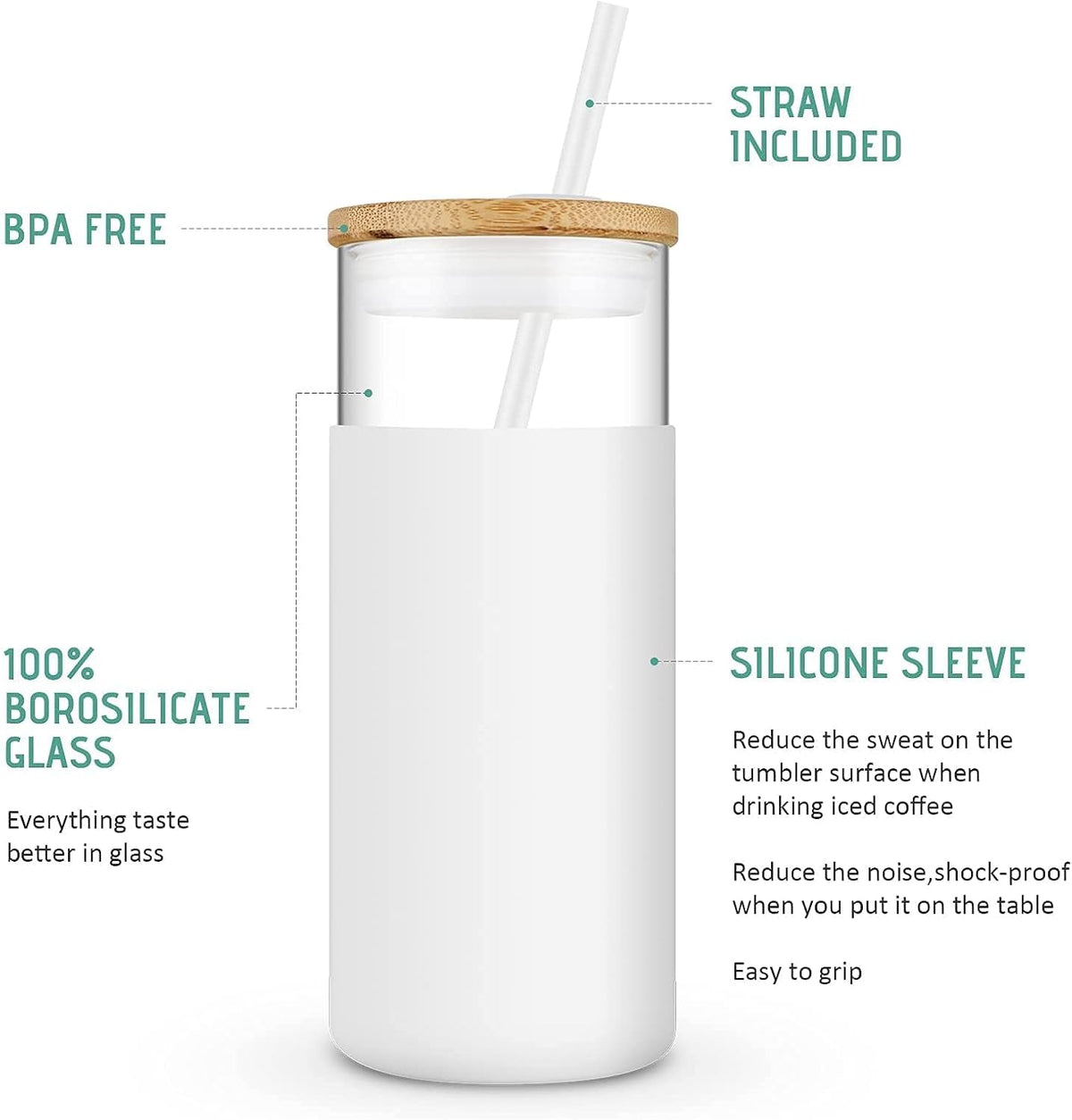 Tronco 20oz Glass Tumbler Glass Water Bottle Straw Silicone Protective Sleeve Bamboo Lid - BPA Free (Midnight Green/ 1 Pack)