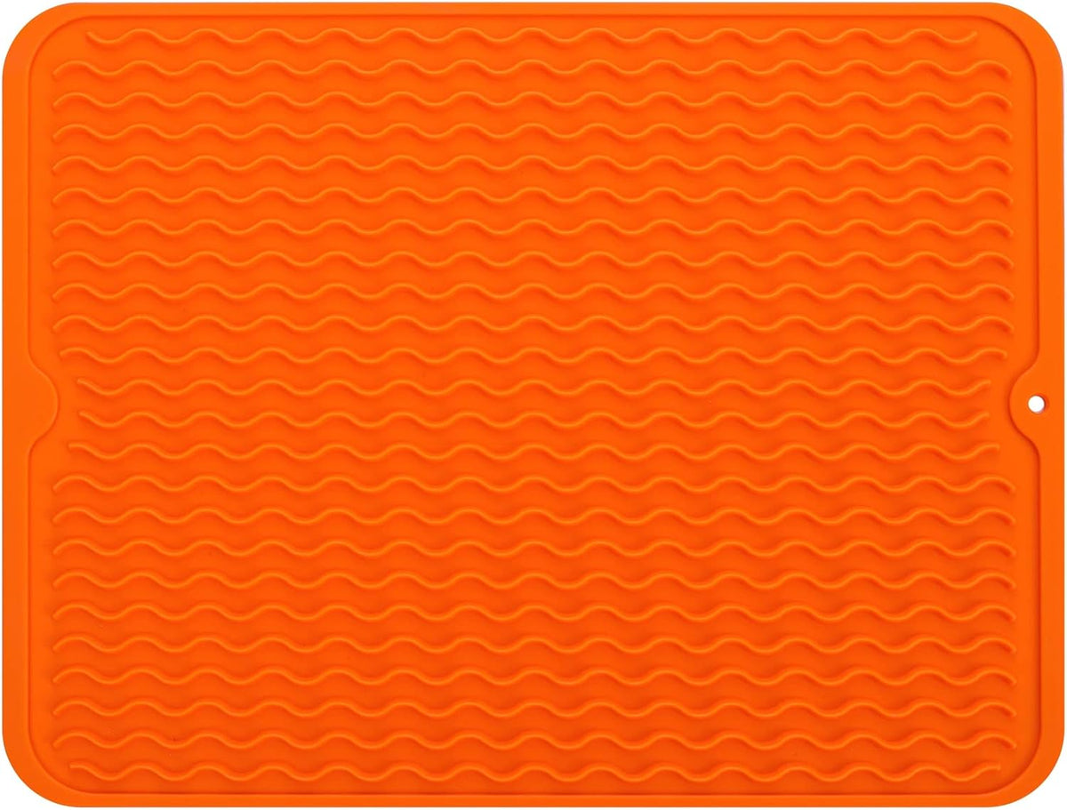 Silicone Dish Drying Mat for Multiple Usage,Easy clean,Eco-friendly,Heat-resistant Silicone Mat for Kitchen Counter or Sink,Refrigerator or drawer liner Orange L 16 inches x 12 inches