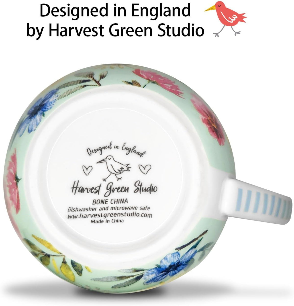 20 oz Bees & Flowers Coffee Hug Mug,“Be Happy” Designed to Spread Joy, Premium Bone China, Perfect Holiday and Birthday Gift for Women, Designed in England by Harvest Green Studio