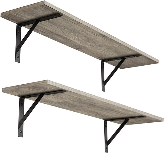 DINZI LVJ Wall Shelves, 23.6 x 7.9 x 6.1 Inch Floating Shelves for Wall, Set of 2, Easy-to-Install Wall Storage Ledges with Sturdy Metal Brackets for Living Room, Bathroom, Kitchen, Gray Wash