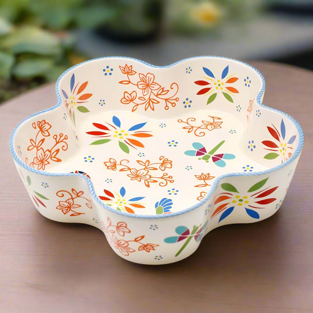 temp-tations by Tara Ceramic Pie Pan for Baking 10", Garden - Deep Stoneware Pot or Apple Pie Dish, Dishwasher Safe Quiche Baking Dish, Scalloped Non-Stick Fluted Tart Cake Pan Oven Plate Mold