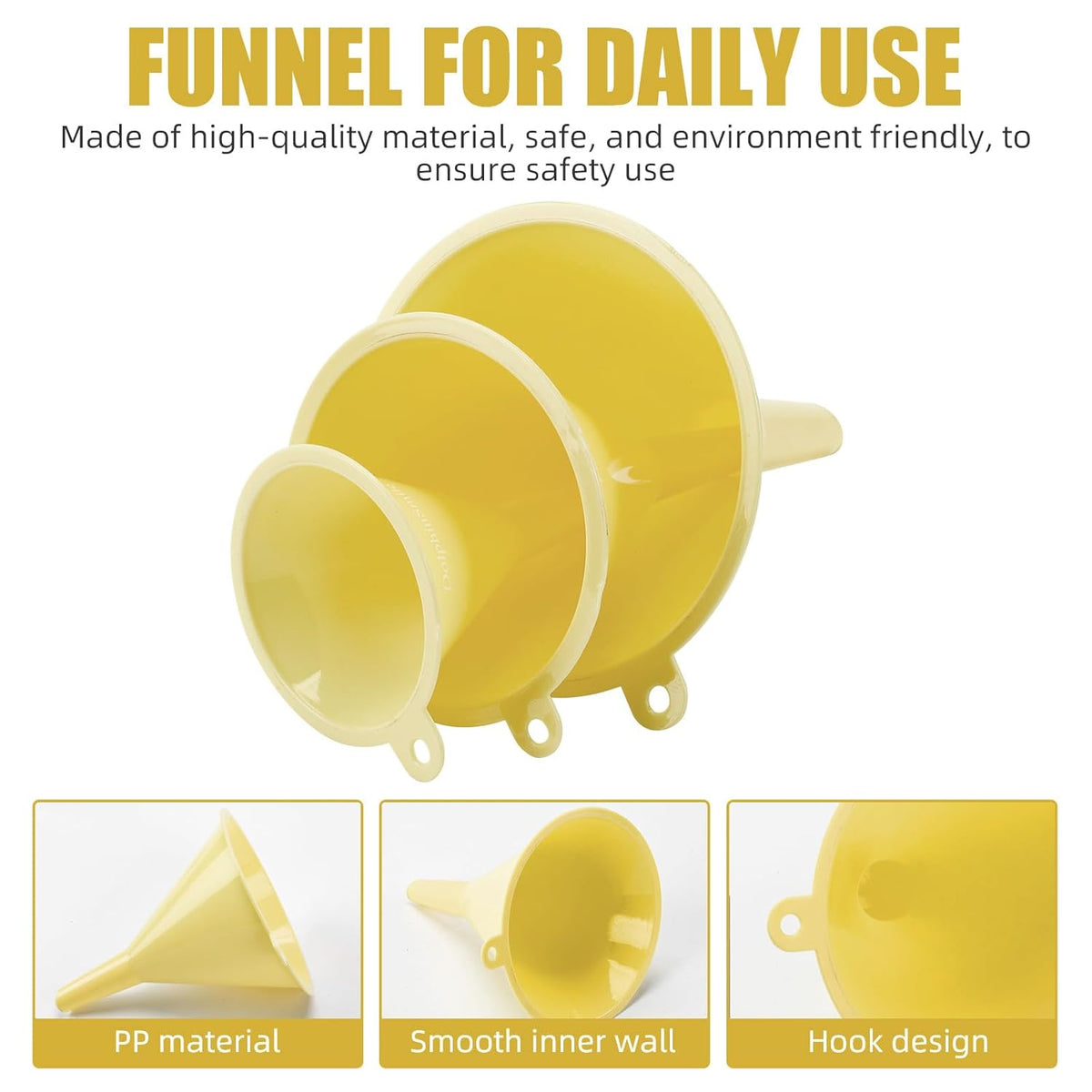 Plastic Kitchen Funnel Set of 3, Round Kitchen Funnels for Filling Bottles, Durable and Multifunctional Funnels for Filling Canning, Cooking, Lab or Car Oil (Milk Yellow)