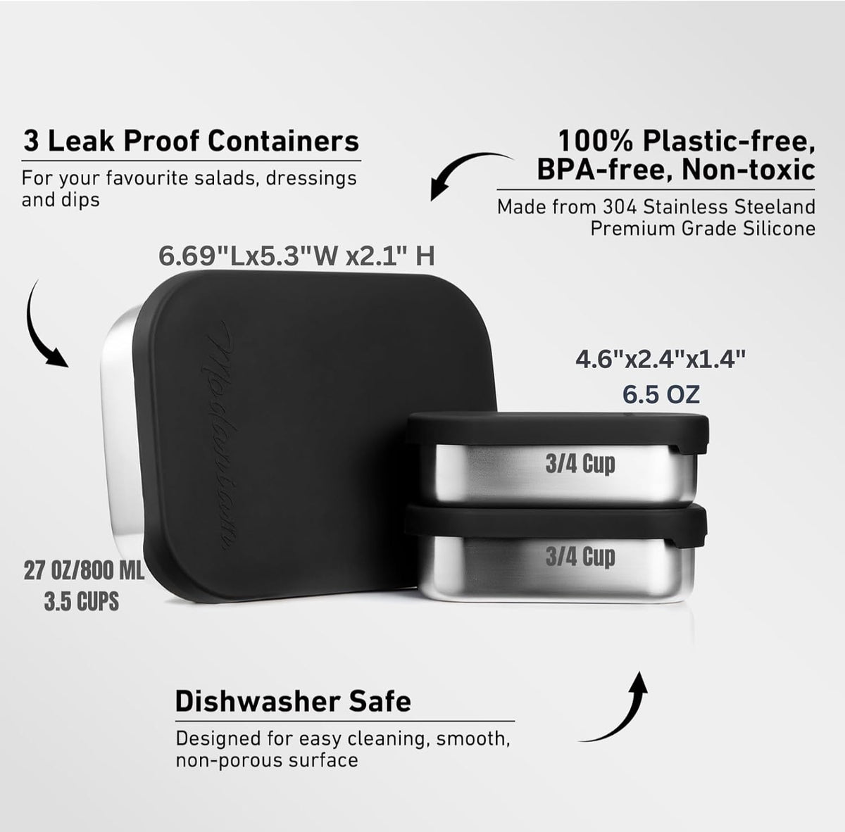 Flexibento - Leak proof Stainless Steel Lunch Box | Bento Box |Food , Lunch Containers with Silicone Lids| sandwich and Snack Containers |Metal lunch Box |Black | 27 OZ, 2*6.5 OZ| Adjustable Divider